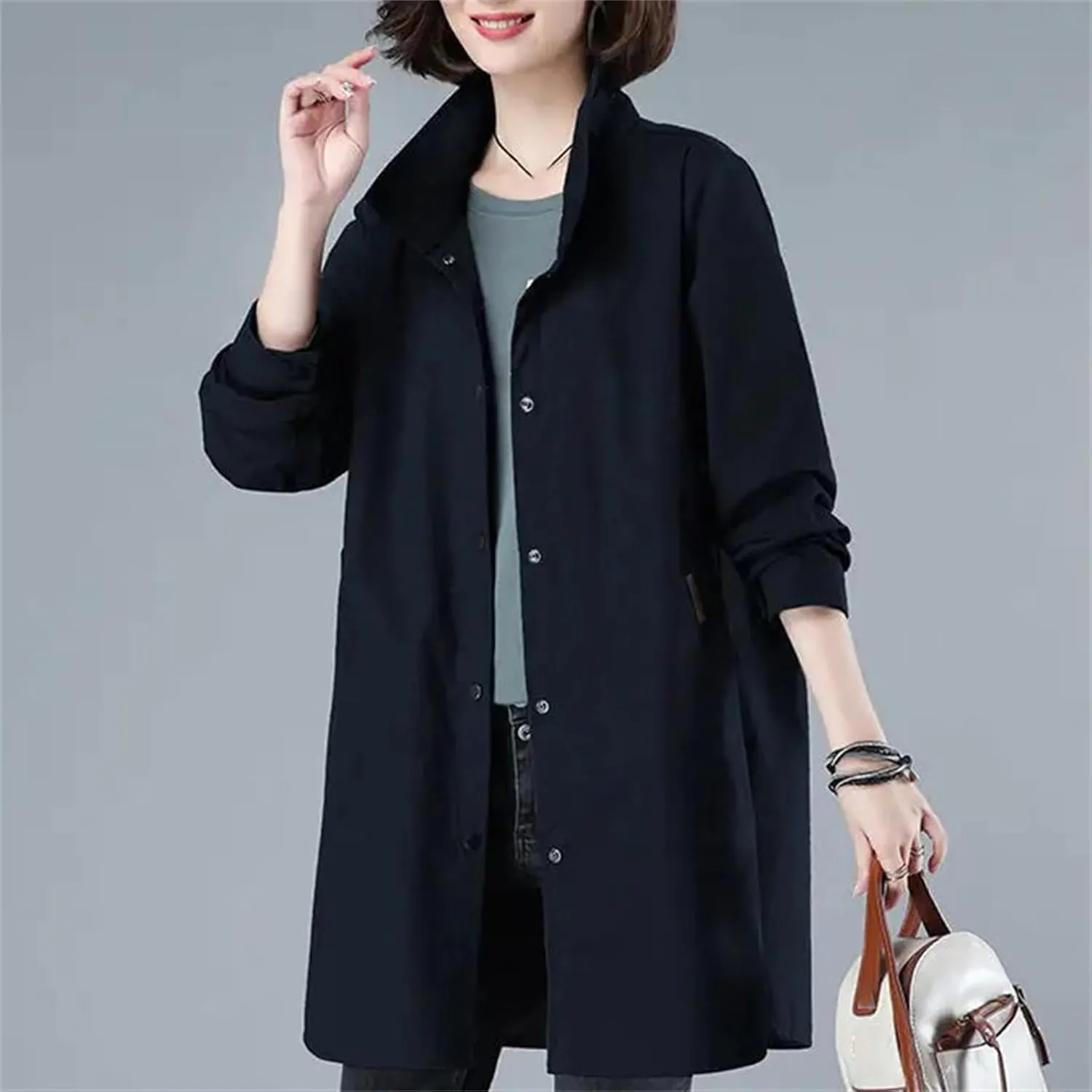 Women's Spring Trench Coat  Long Sleeve Loose Fit Button-Down Mid-Length Casual Jacket With Pockets For Work Office