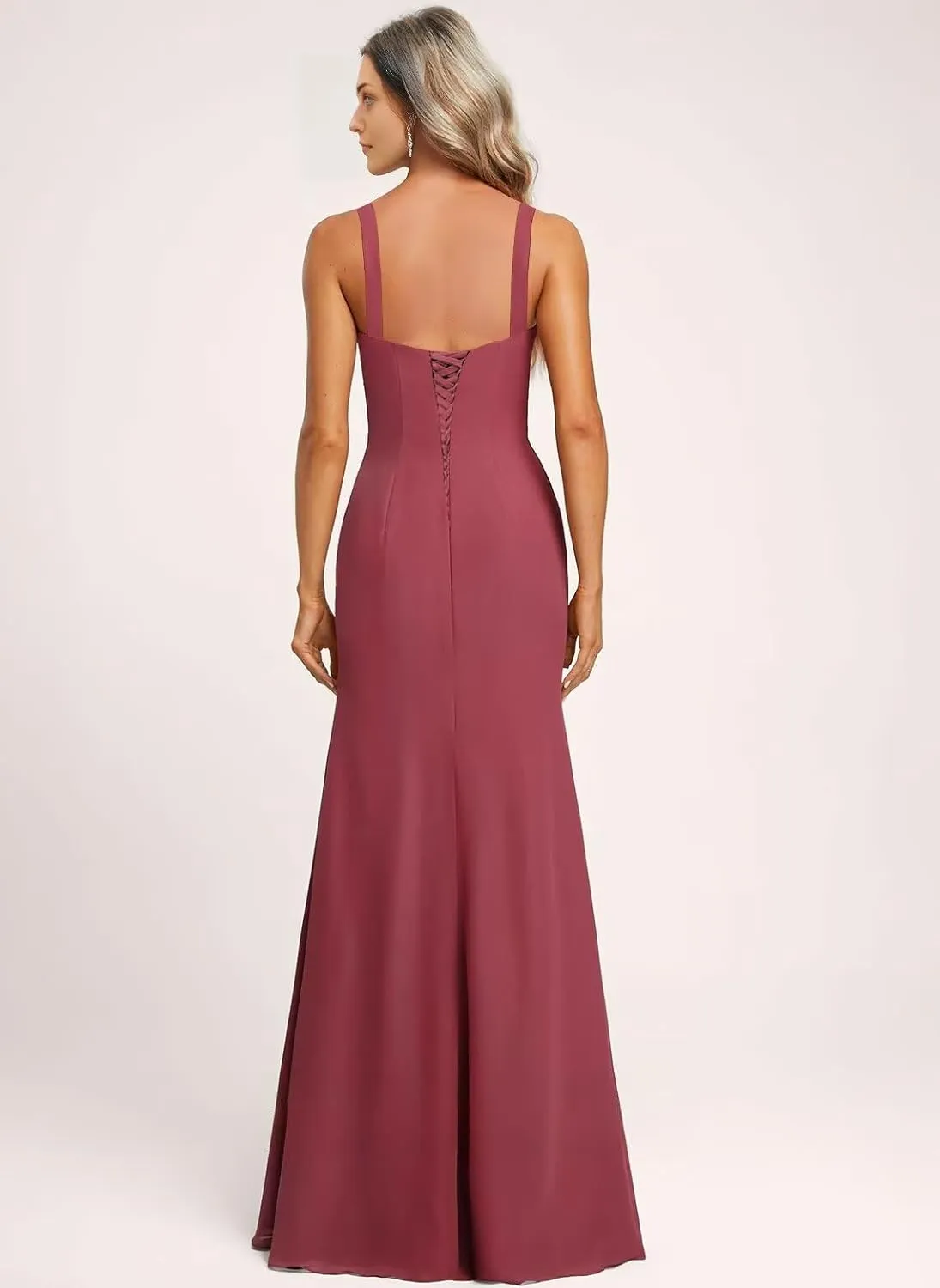 Women's Square Neck Mermaid Bridesmaid Dresses Long Pleats Chiffon Formal Evening Gowns with Slit