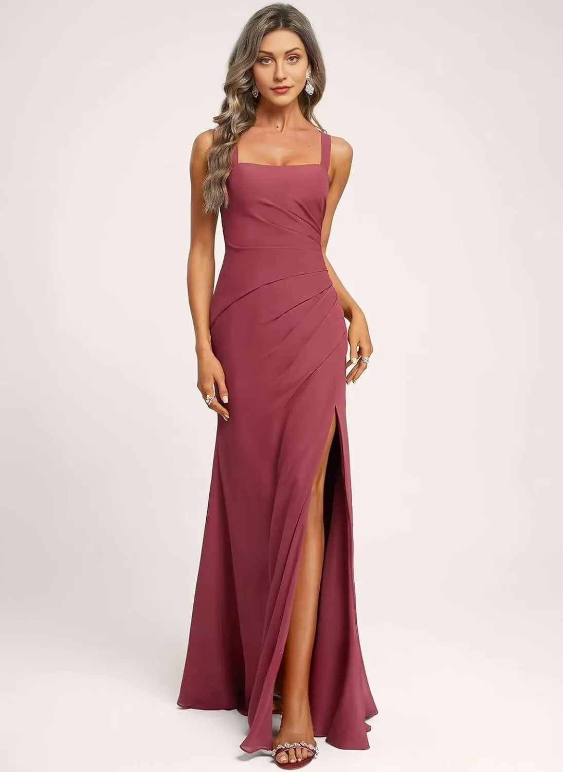 Women's Square Neck Mermaid Bridesmaid Dresses Long Pleats Chiffon Formal Evening Gowns with Slit
