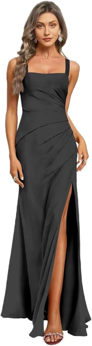 Women's Square Neck Mermaid Bridesmaid Dresses Long Pleats Chiffon Formal Evening Gowns with Slit