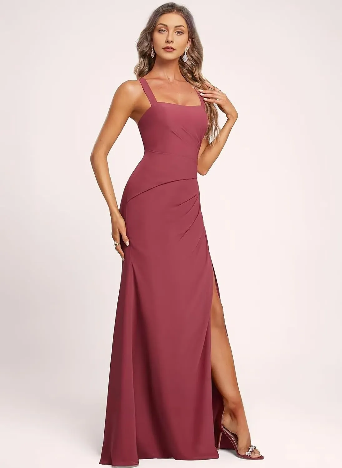 Women's Square Neck Mermaid Bridesmaid Dresses Long Pleats Chiffon Formal Evening Gowns with Slit