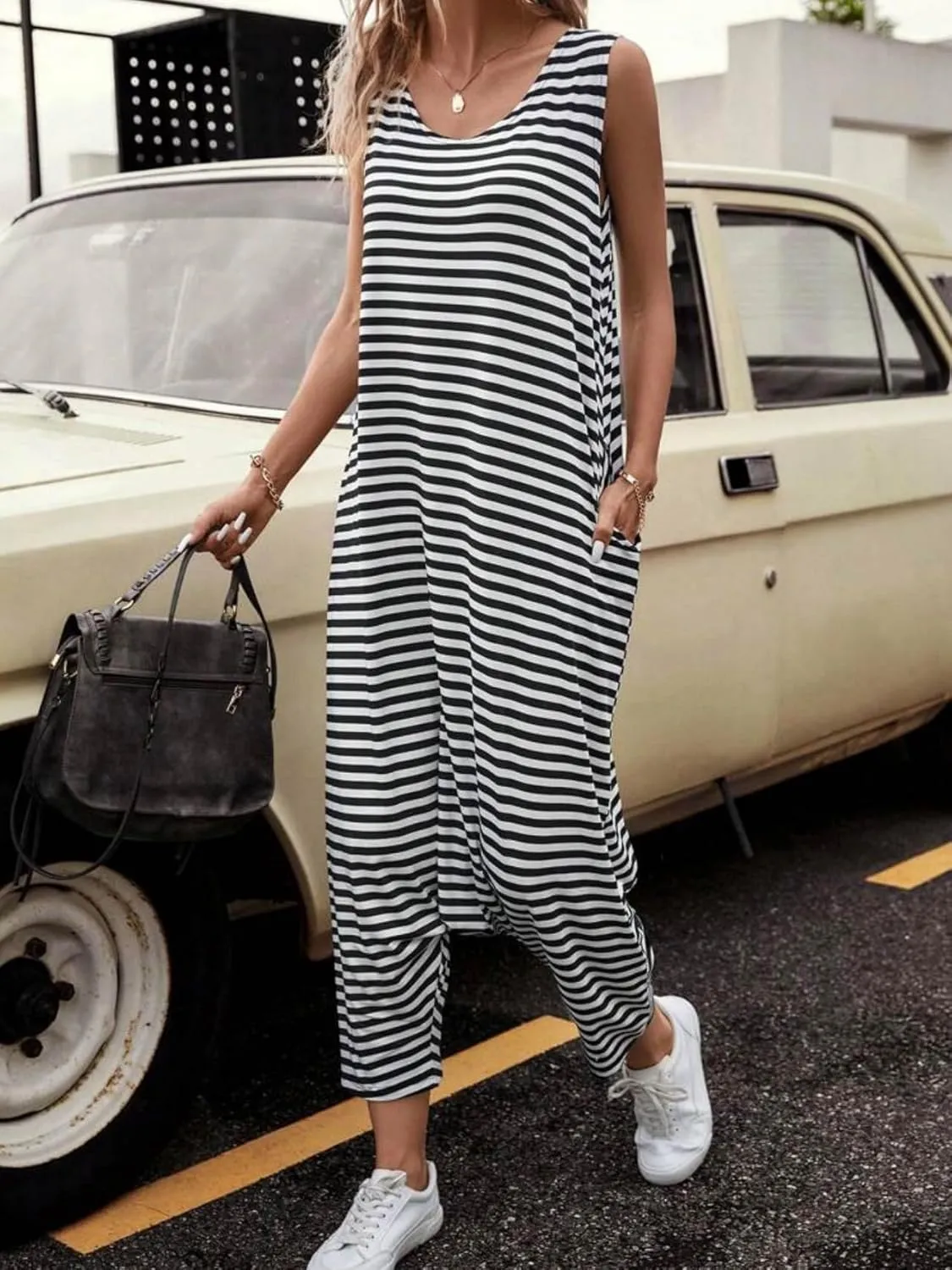 Women's Striped Vest Jumpsuit Side Pocket Drop Crotch Pants Summer Loose Casual Jumpsuit