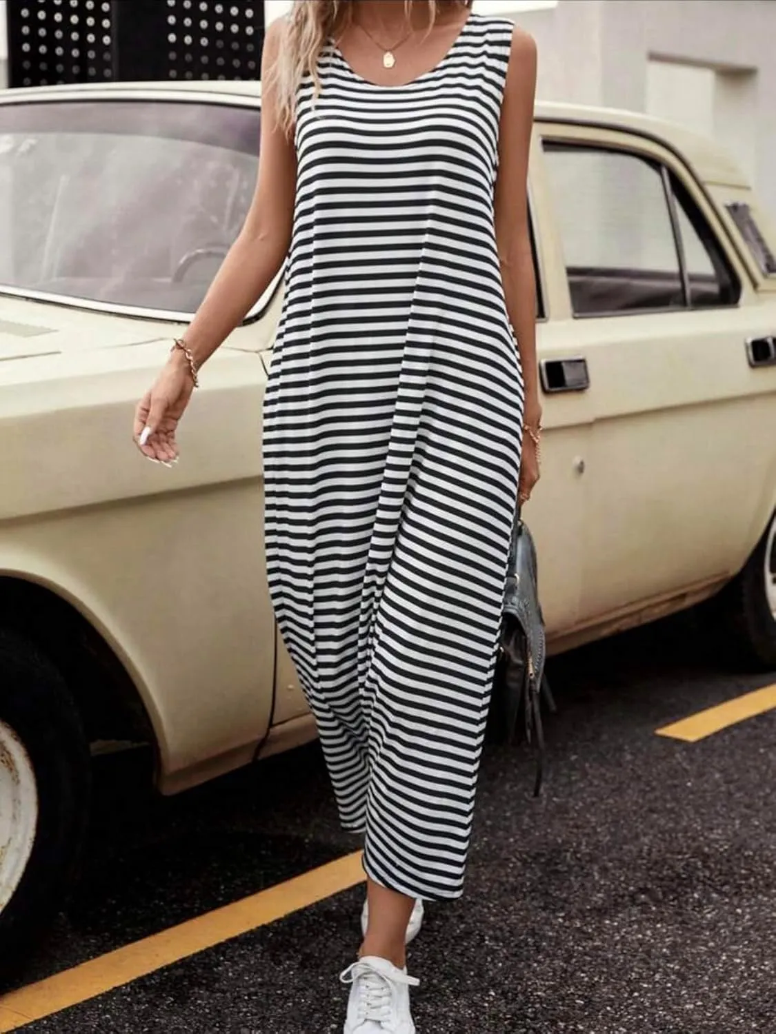 Women's Striped Vest Jumpsuit Side Pocket Drop Crotch Pants Summer Loose Casual Jumpsuit