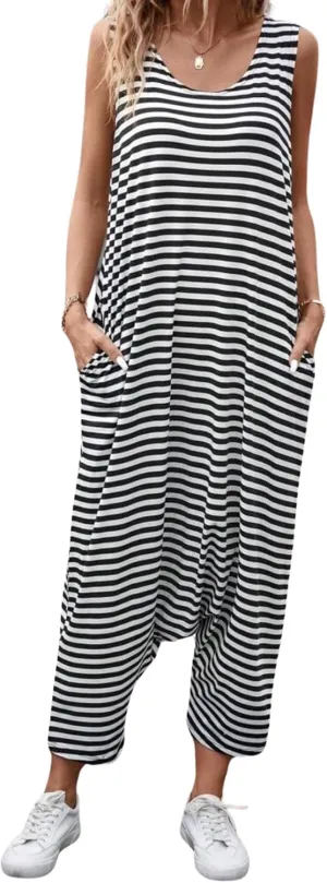 Women's Striped Vest Jumpsuit Side Pocket Drop Crotch Pants Summer Loose Casual Jumpsuit