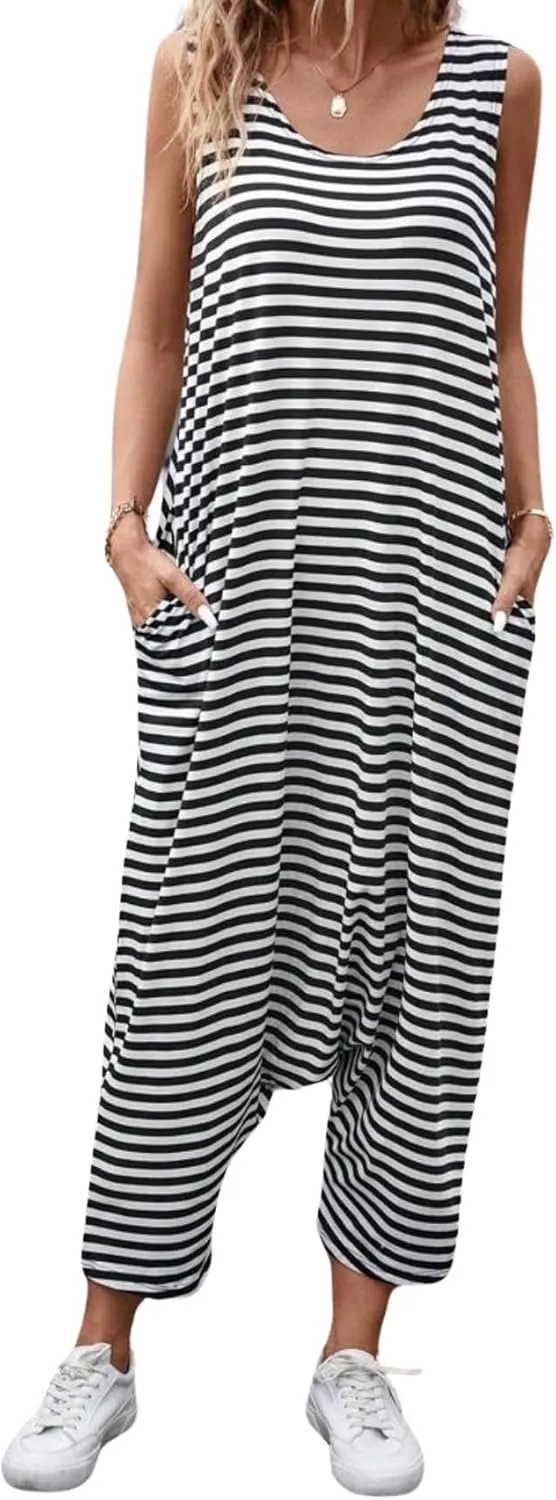 Women's Striped Vest Jumpsuit Side Pocket Drop Crotch Pants Summer Loose Casual Jumpsuit
