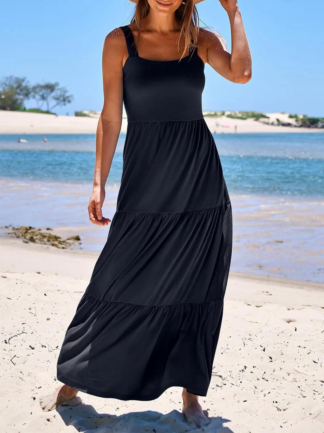 Women's Summer Casual Long Maxi Beach Vacation Dresses Sleeveless Square Neck Flowy Tiered Sun Dress with Pockets