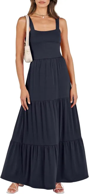 Women's Summer Casual Long Maxi Beach Vacation Dresses Sleeveless Square Neck Flowy Tiered Sun Dress with Pockets