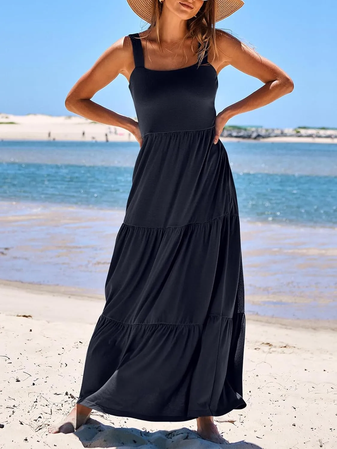 Women's Summer Casual Long Maxi Beach Vacation Dresses Sleeveless Square Neck Flowy Tiered Sun Dress with Pockets