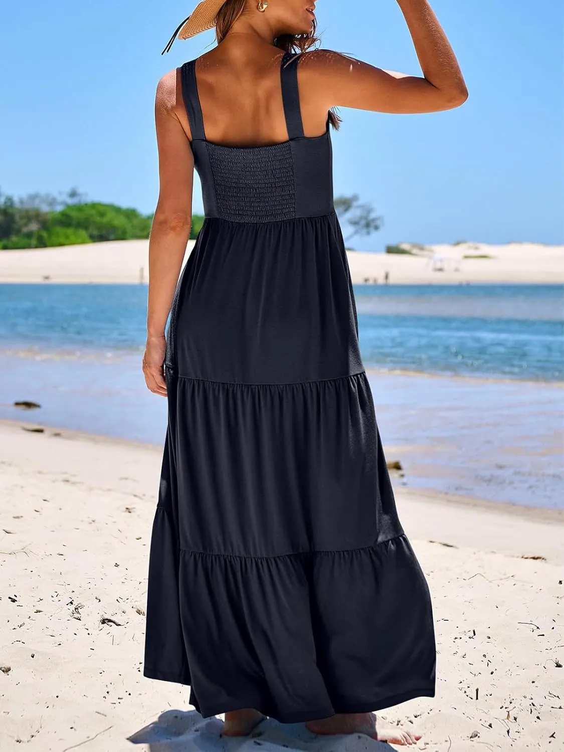Women's Summer Casual Long Maxi Beach Vacation Dresses Sleeveless Square Neck Flowy Tiered Sun Dress with Pockets
