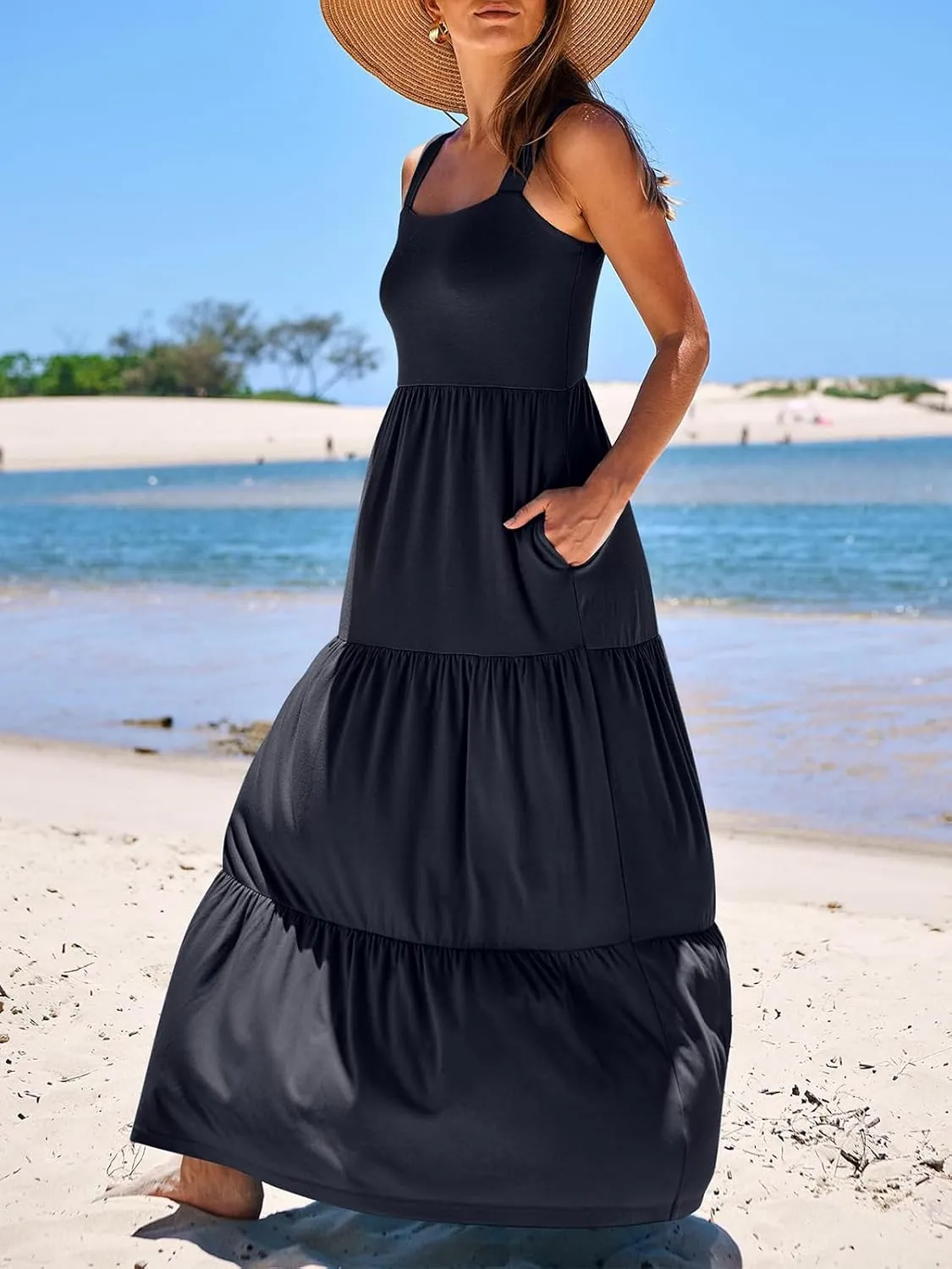 Women's Summer Casual Long Maxi Beach Vacation Dresses Sleeveless Square Neck Flowy Tiered Sun Dress with Pockets