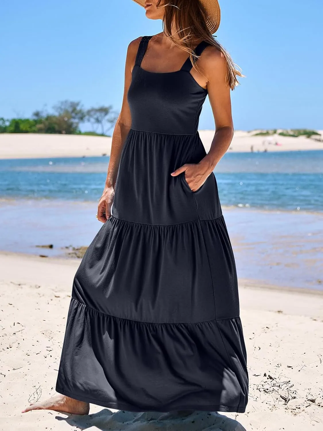 Women's Summer Casual Long Maxi Beach Vacation Dresses Sleeveless Square Neck Flowy Tiered Sun Dress with Pockets