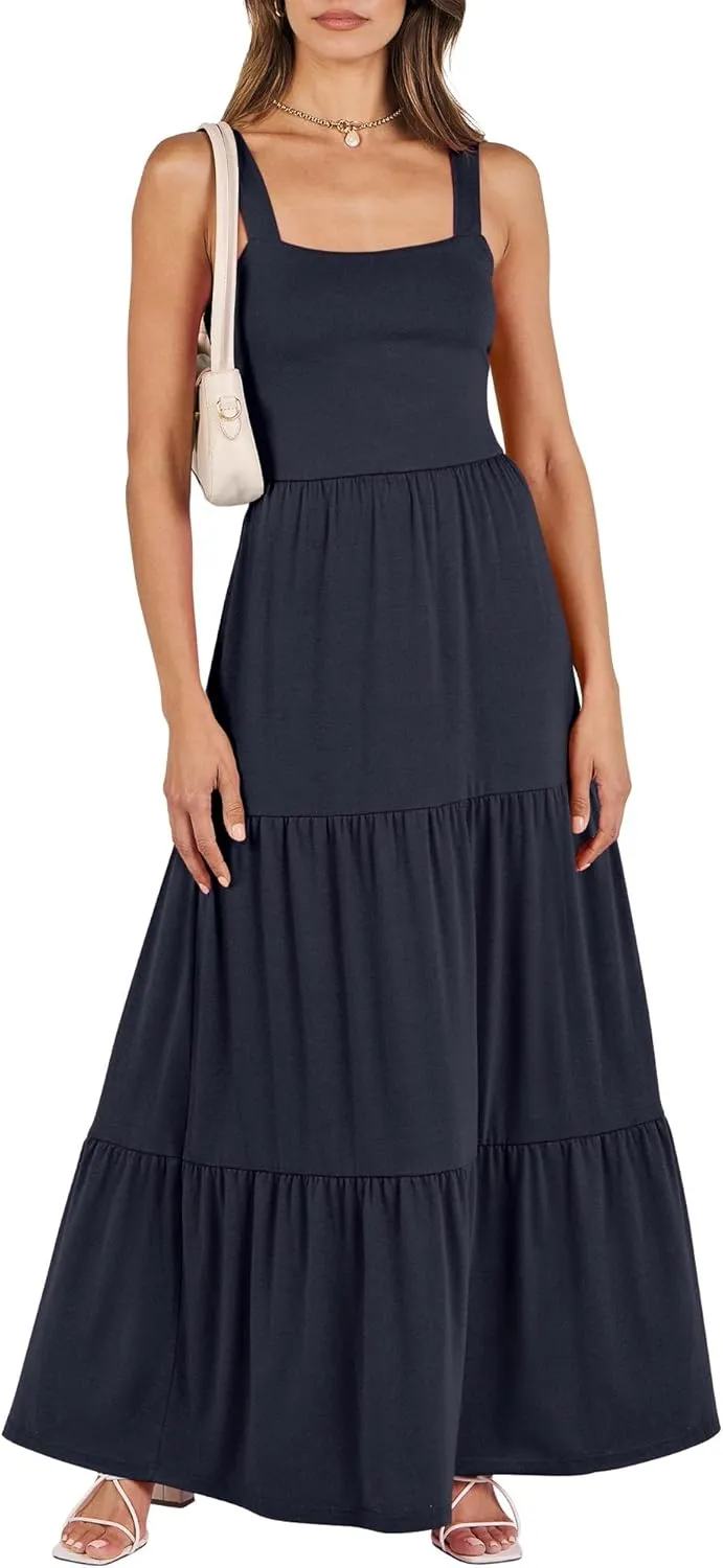 Women's Summer Casual Long Maxi Beach Vacation Dresses Sleeveless Square Neck Flowy Tiered Sun Dress with Pockets