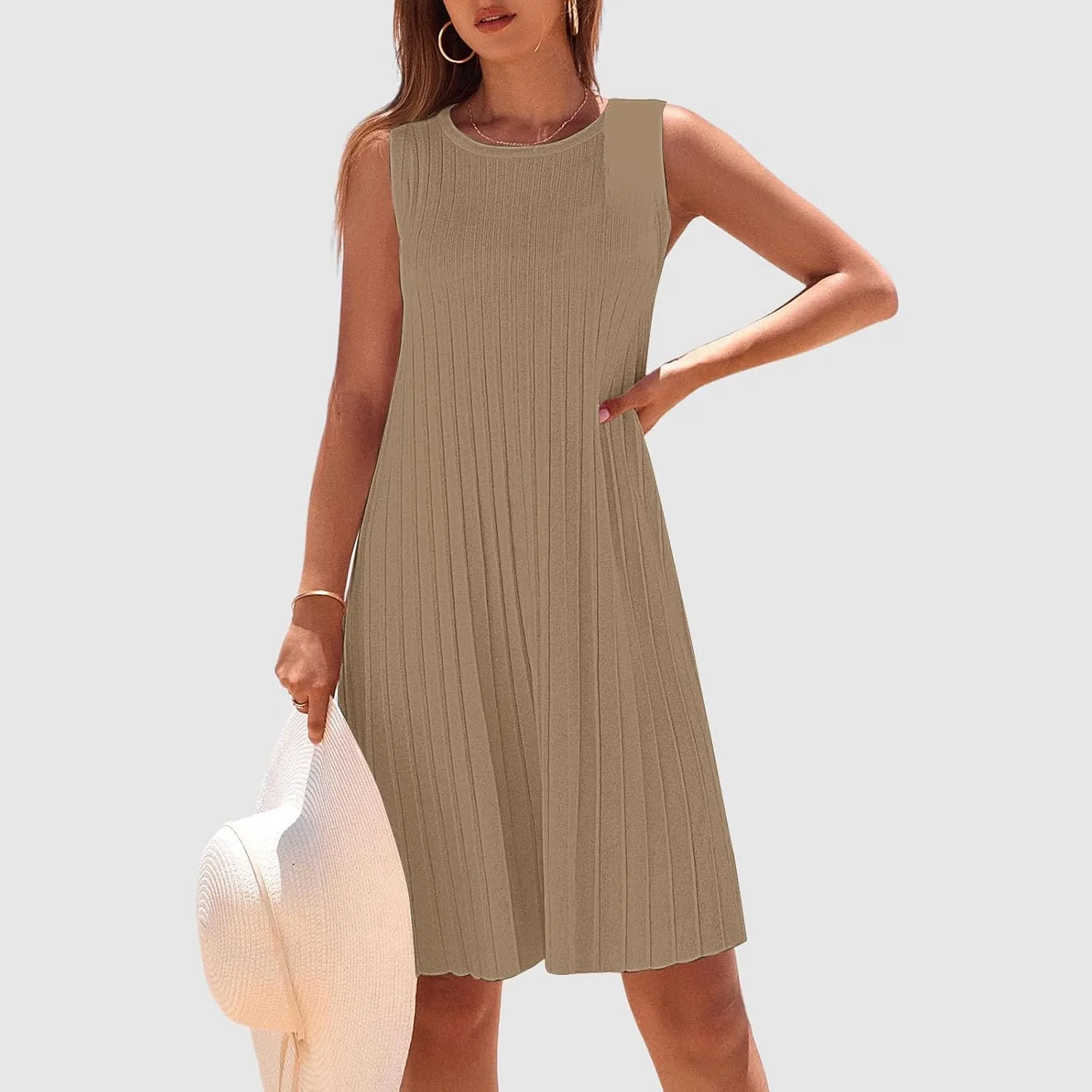 Womens Summer Sleeveless Mini Dress Crewneck Casual A Line Pleated Cover Ups Swing Tank Dresses