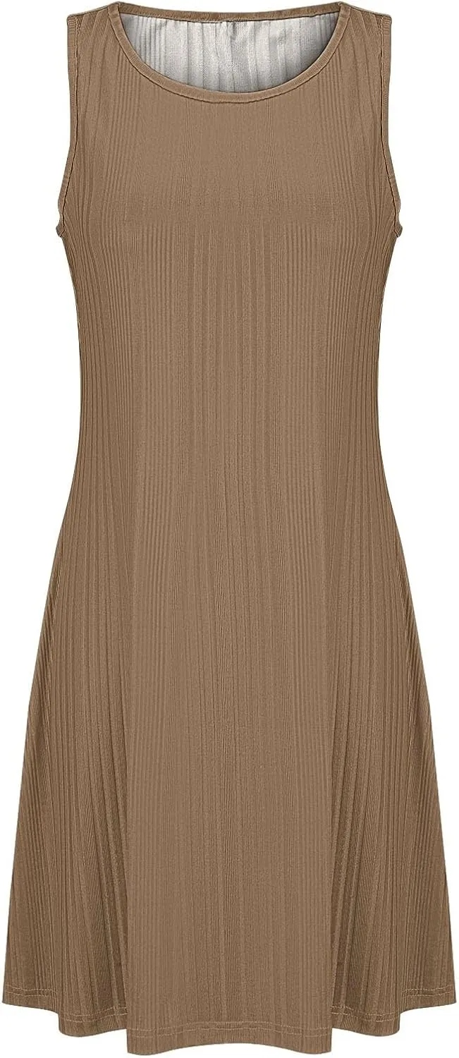 Womens Summer Sleeveless Mini Dress Crewneck Casual A Line Pleated Cover Ups Swing Tank Dresses