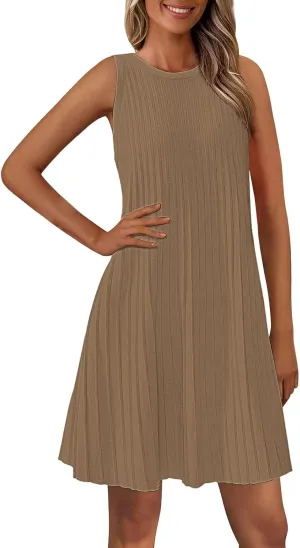 Womens Summer Sleeveless Mini Dress Crewneck Casual A Line Pleated Cover Ups Swing Tank Dresses