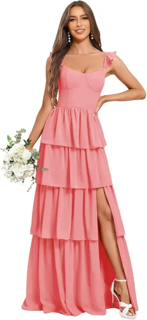 Women's Tiered Bridesmaid Dresses for Wedding Long Chiffon Ruffles Formal Evening Gowns with Slit