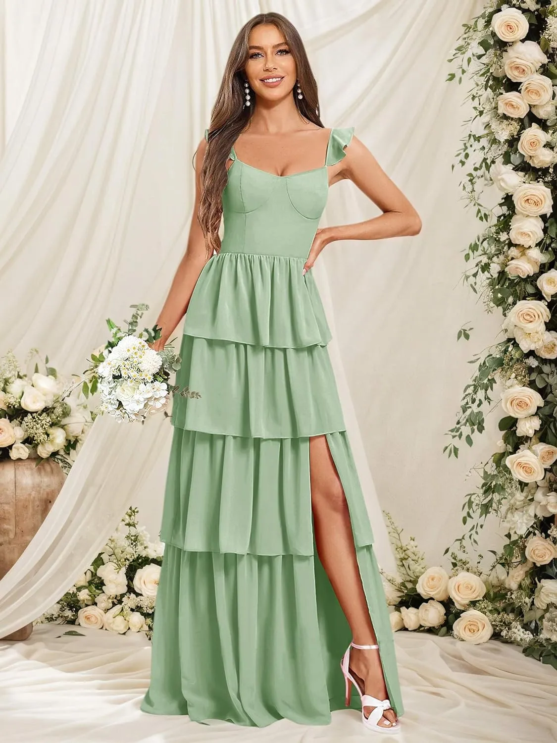 Women's Tiered Bridesmaid Dresses for Wedding Long Chiffon Ruffles Formal Evening Gowns with Slit