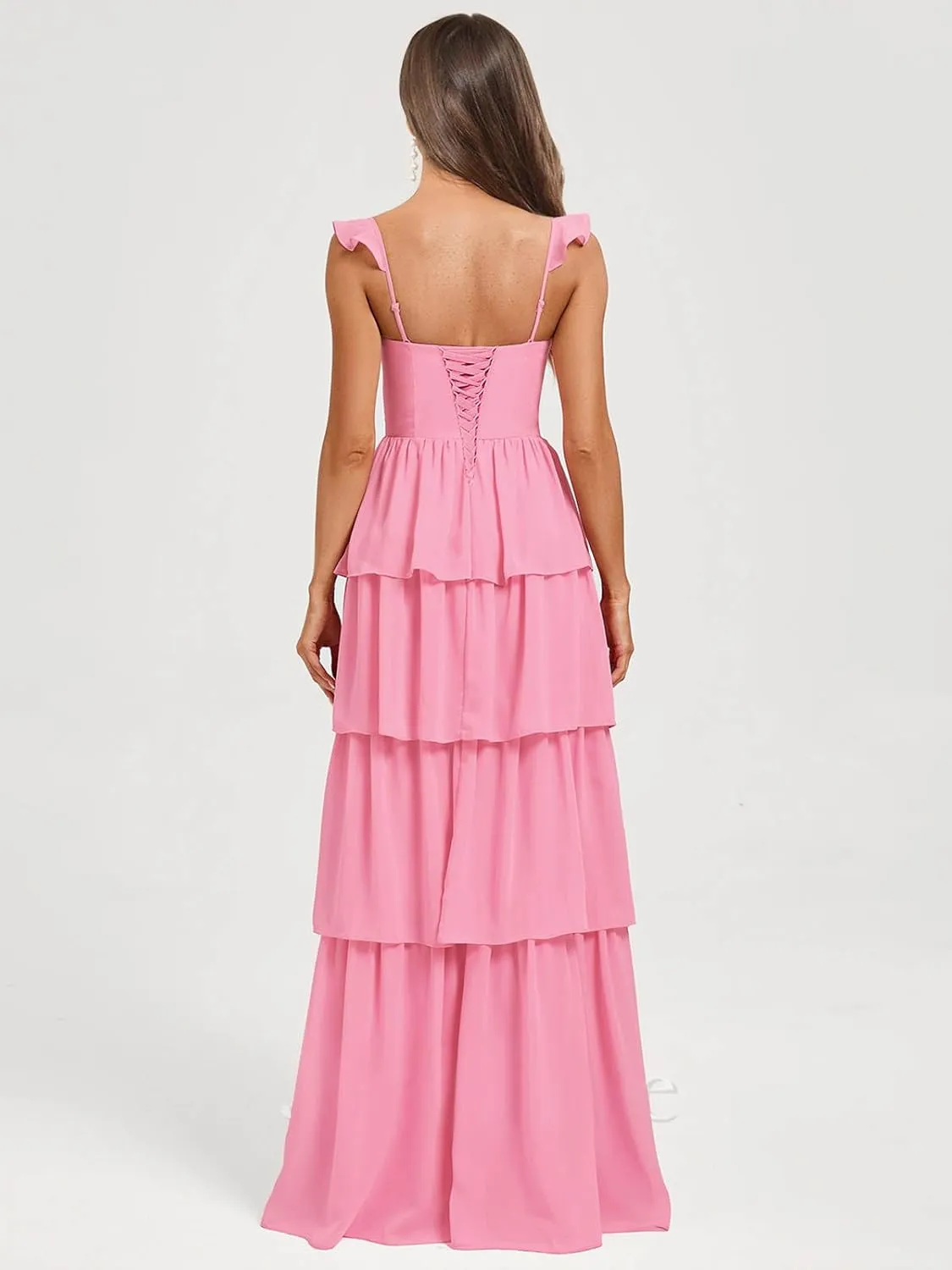 Women's Tiered Bridesmaid Dresses for Wedding Long Chiffon Ruffles Formal Evening Gowns with Slit