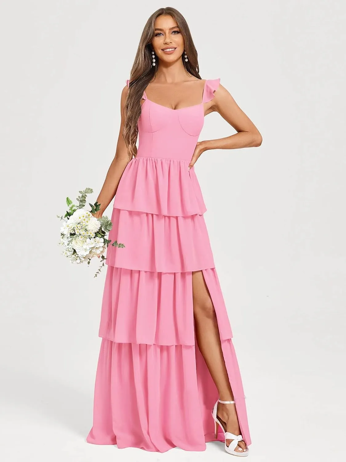 Women's Tiered Bridesmaid Dresses for Wedding Long Chiffon Ruffles Formal Evening Gowns with Slit