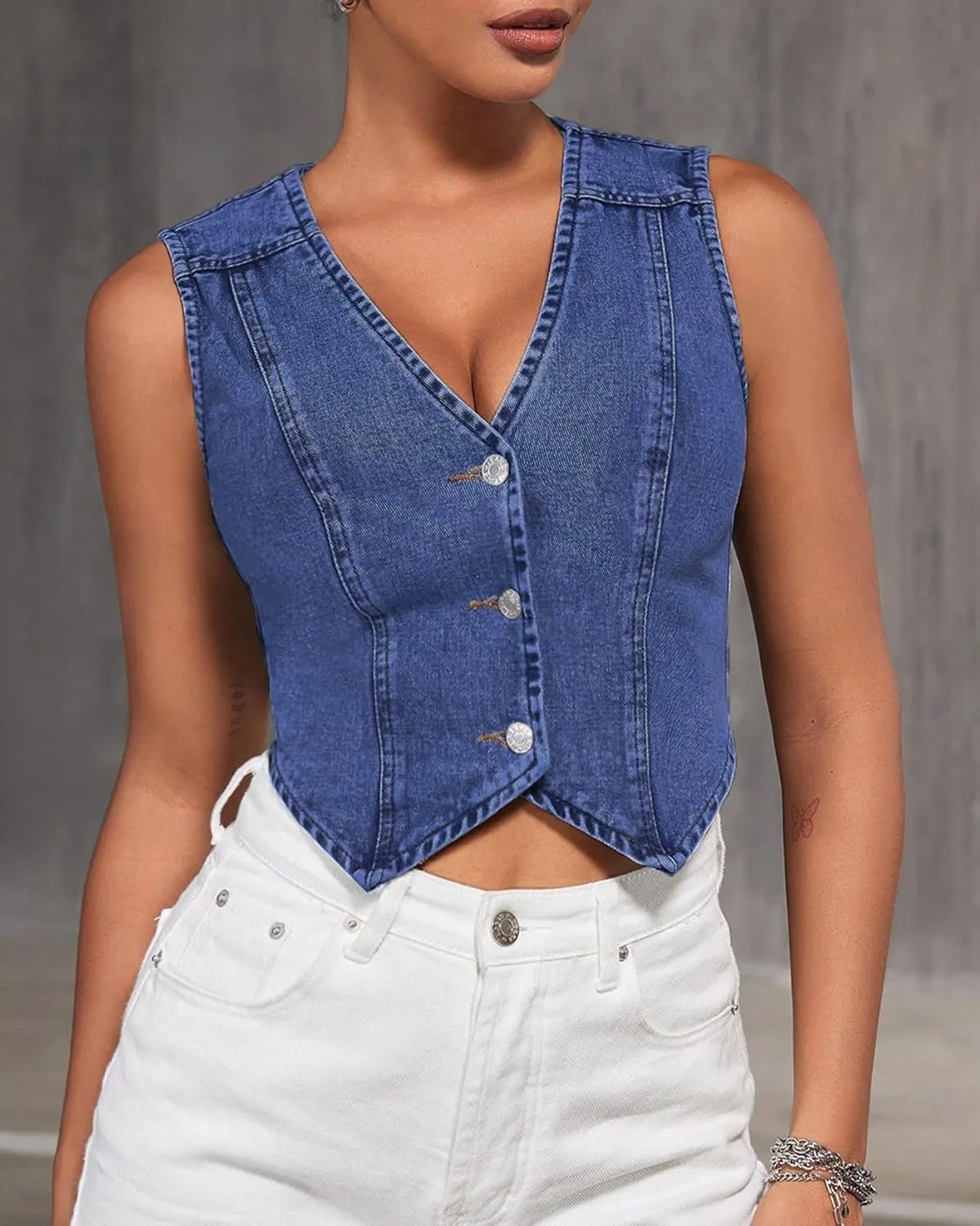 Women's V Neck Asymmetrical Hem Sleeveless Button Front Crop Denim Vest