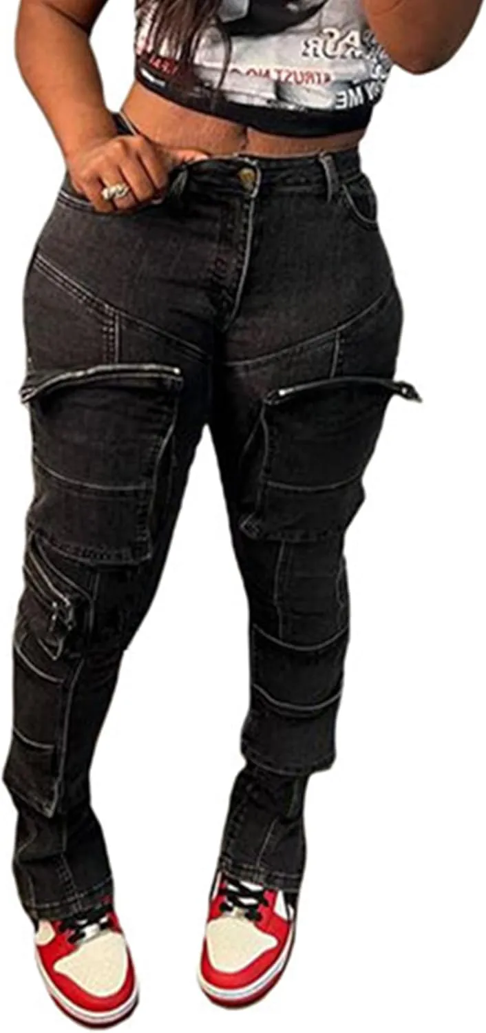 xxxiticat Women's Cargo Skinny Jeans Trousers Casual High Waist Elastic Washed Solid Multi-Pockets Denim Pants
