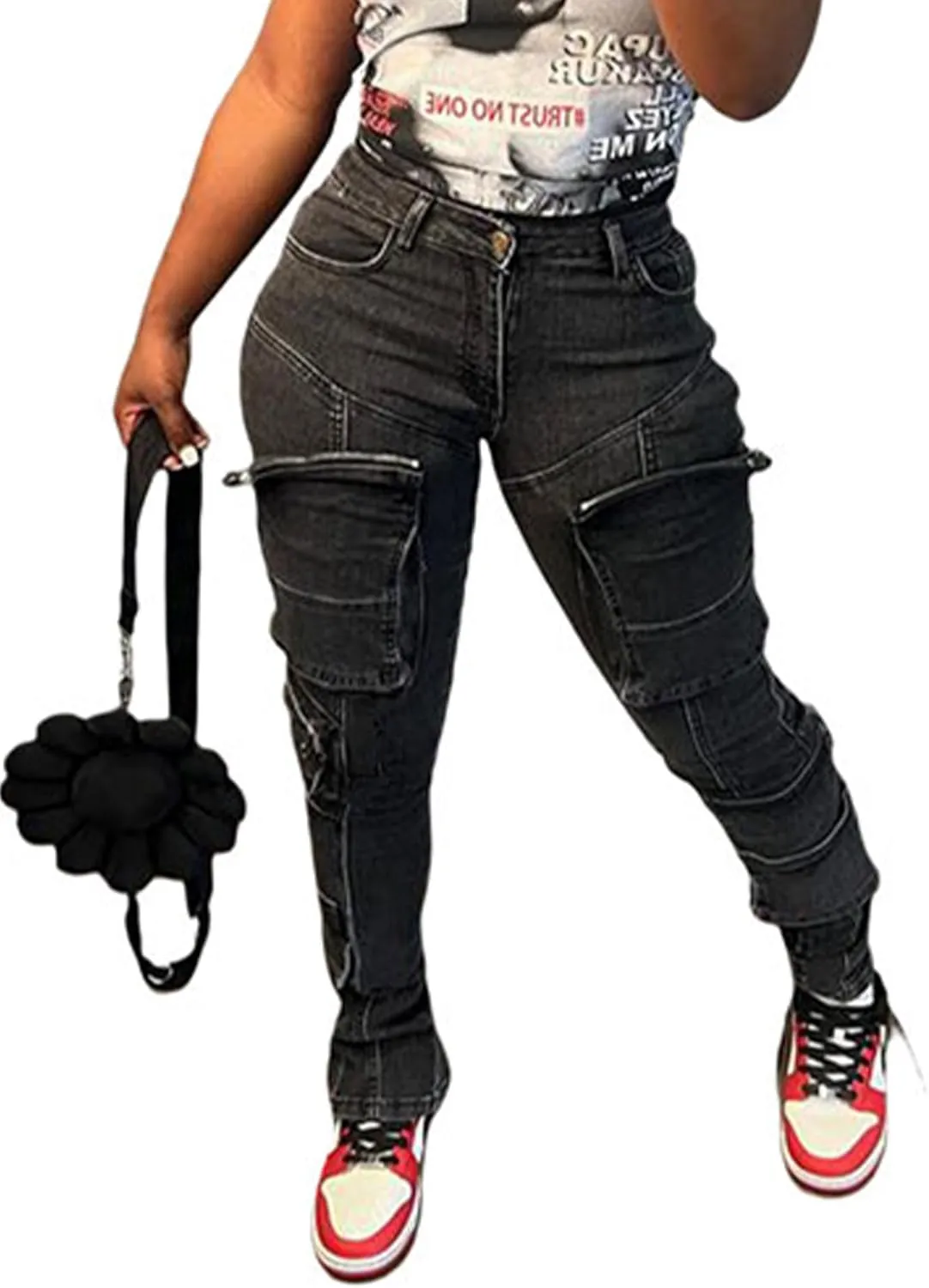 xxxiticat Women's Cargo Skinny Jeans Trousers Casual High Waist Elastic Washed Solid Multi-Pockets Denim Pants