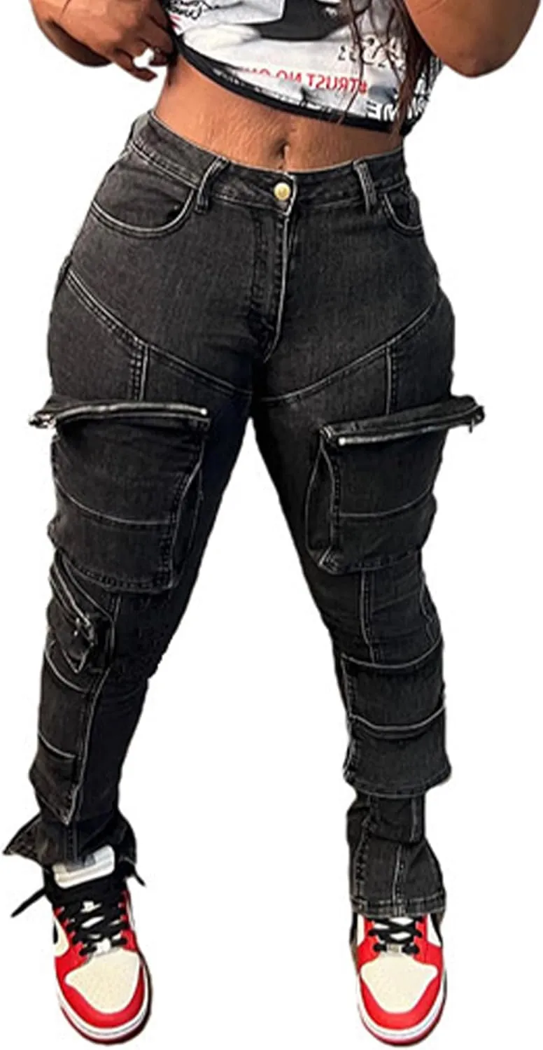 xxxiticat Women's Cargo Skinny Jeans Trousers Casual High Waist Elastic Washed Solid Multi-Pockets Denim Pants