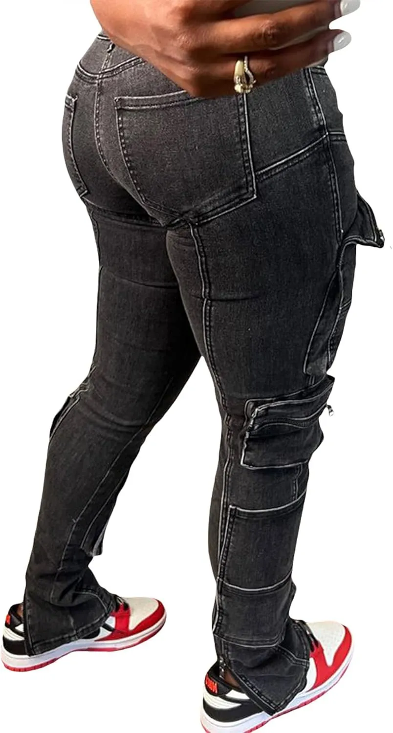 xxxiticat Women's Cargo Skinny Jeans Trousers Casual High Waist Elastic Washed Solid Multi-Pockets Denim Pants