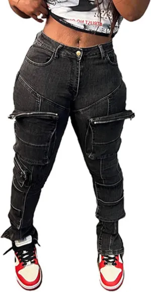 xxxiticat Women's Cargo Skinny Jeans Trousers Casual High Waist Elastic Washed Solid Multi-Pockets Denim Pants