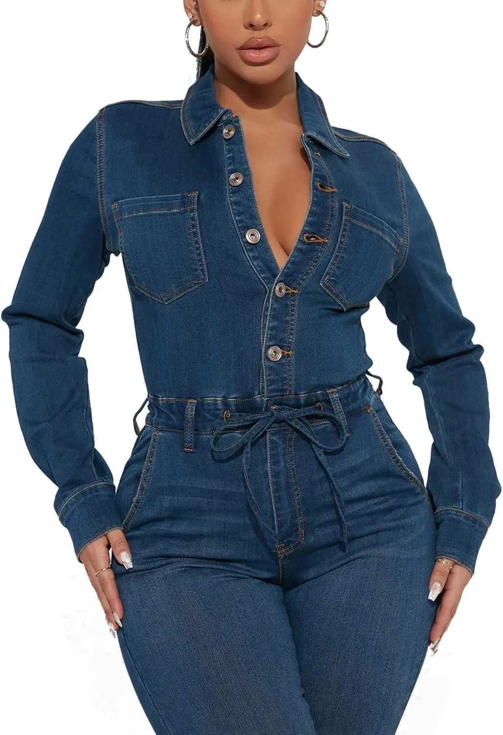 xxxiticat Women's Denim Jumpsuit Casual Long Sleeve Button Down Belted Lace Up Skinny Bodycon One Piece Jean Rompers