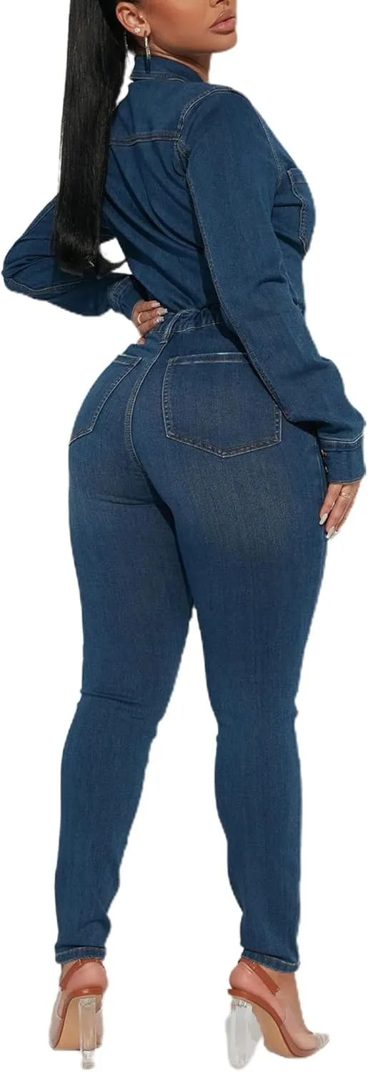 xxxiticat Women's Denim Jumpsuit Casual Long Sleeve Button Down Belted Lace Up Skinny Bodycon One Piece Jean Rompers