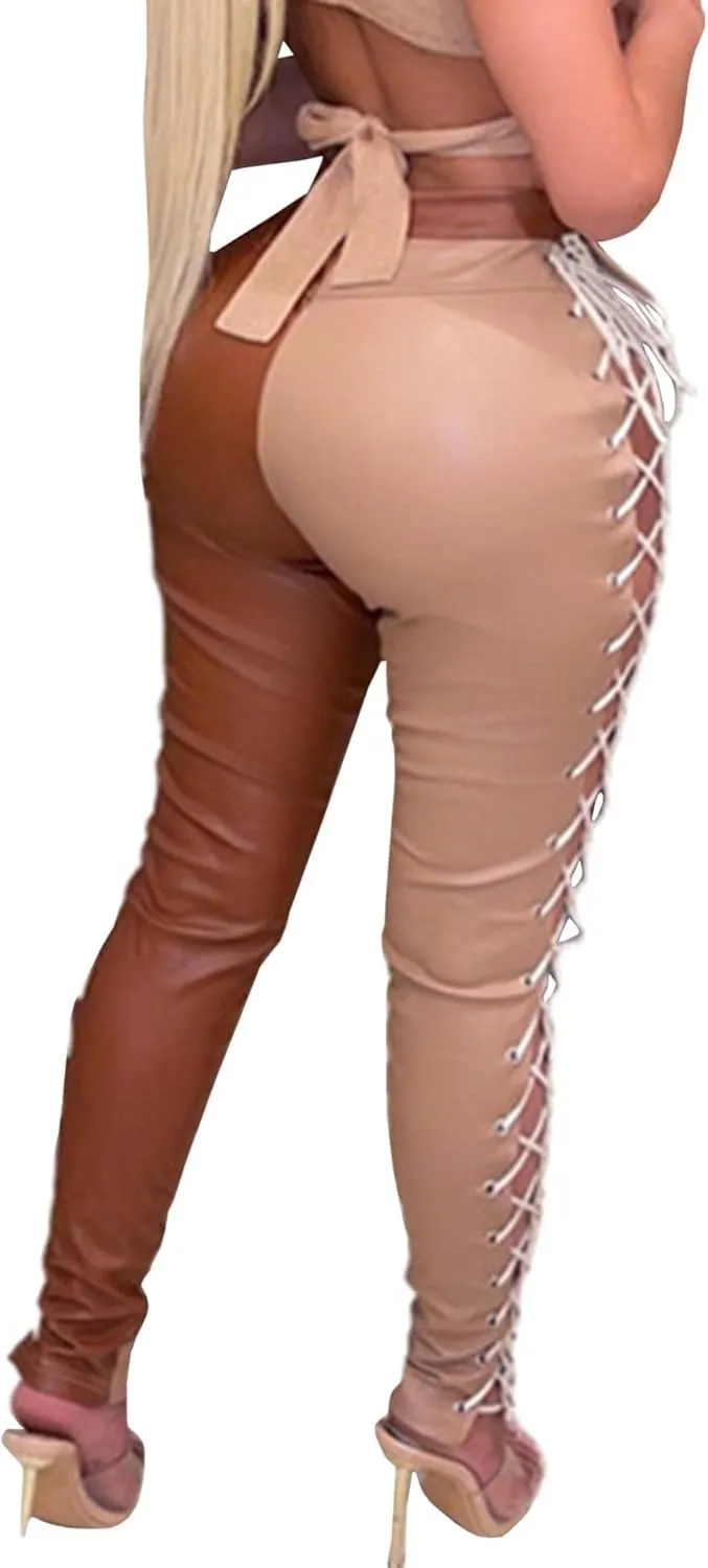 xxxiticat Women's Lace Up Faux Leather Pants High Waist Bandage Criss Cross Hollow Out Color Block PU Leather Trousers