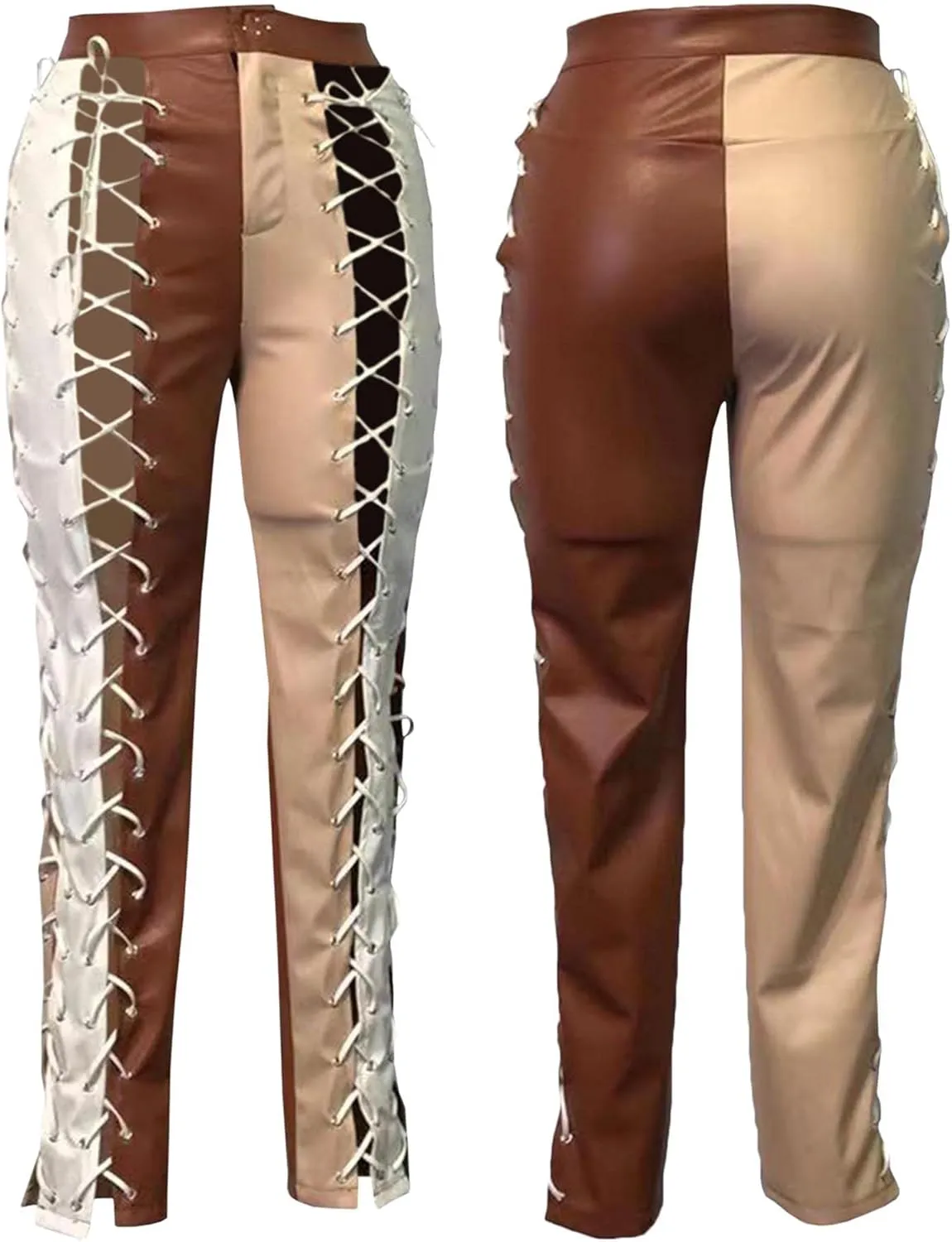 xxxiticat Women's Lace Up Faux Leather Pants High Waist Bandage Criss Cross Hollow Out Color Block PU Leather Trousers