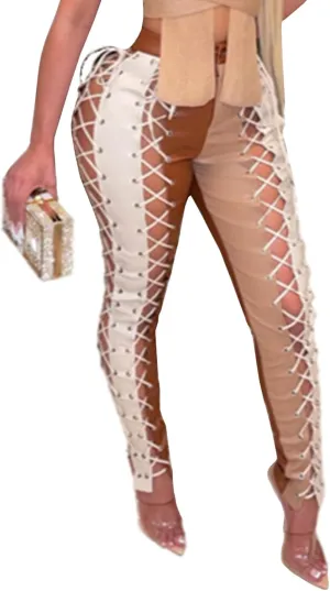 xxxiticat Women's Lace Up Faux Leather Pants High Waist Bandage Criss Cross Hollow Out Color Block PU Leather Trousers