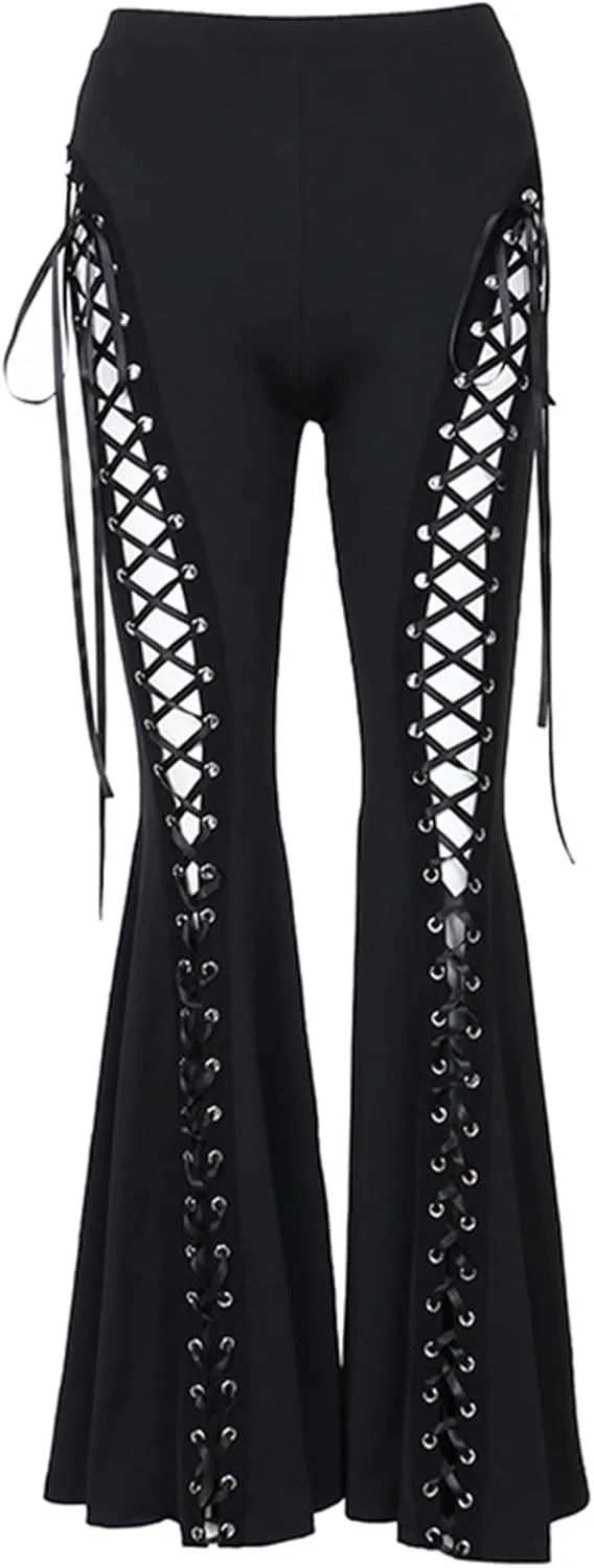 xxxiticat Women's Lace Up Pants High Waist Bandage Criss Cross Bandage Tie Up Cutout Gothic Flared Bell-Bottom Trousers