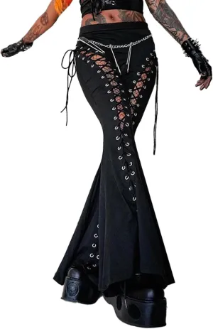 xxxiticat Women's Lace Up Pants High Waist Bandage Criss Cross Bandage Tie Up Cutout Gothic Flared Bell-Bottom Trousers