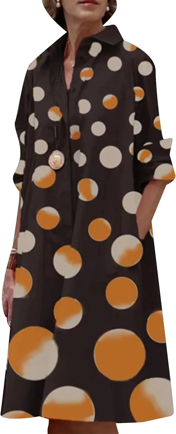 YMING Womens Lapel Button Down Shirt Dress Color Block Midi Dress Casual Slouchy Blouse Dresses Plus Size