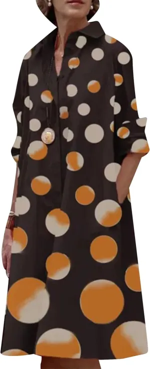 YMING Womens Lapel Button Down Shirt Dress Color Block Midi Dress Casual Slouchy Blouse Dresses Plus Size