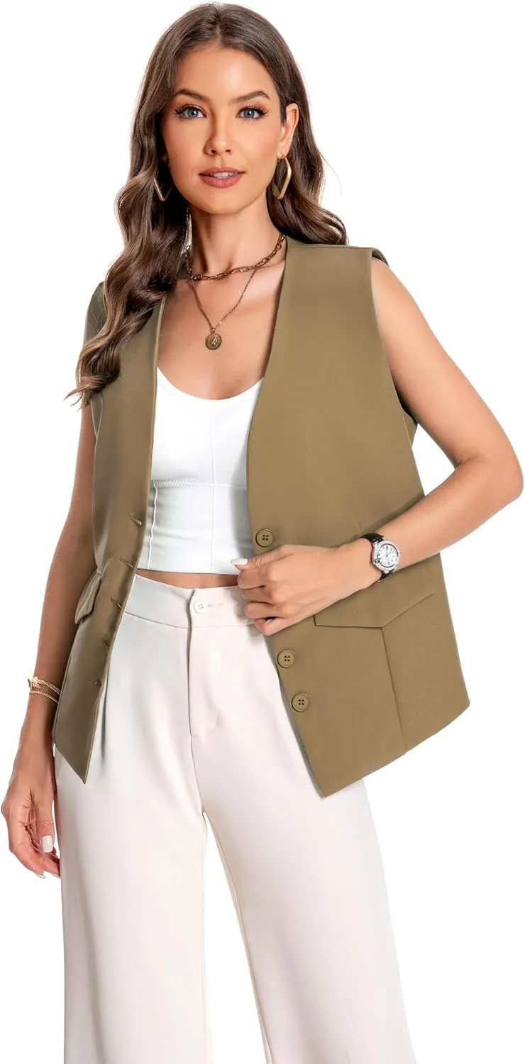 YYNUDA Women's Vest One Front Solid V Neck Casual Lightweight Sleeveless Blazer Waistcoat with Pockets