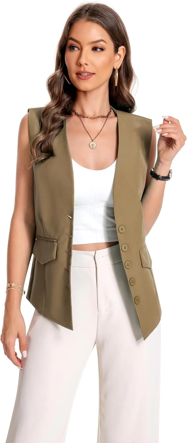 YYNUDA Women's Vest One Front Solid V Neck Casual Lightweight Sleeveless Blazer Waistcoat with Pockets