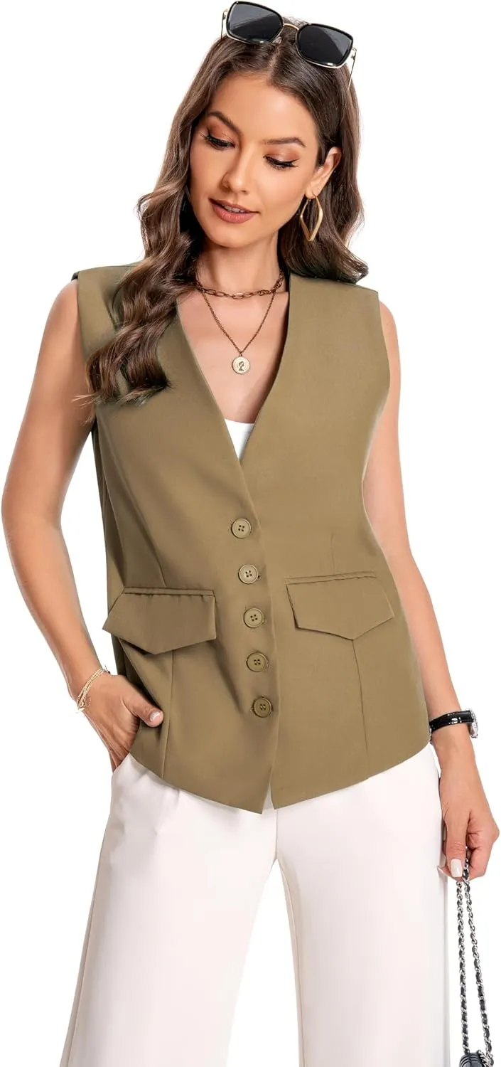 YYNUDA Women's Vest One Front Solid V Neck Casual Lightweight Sleeveless Blazer Waistcoat with Pockets
