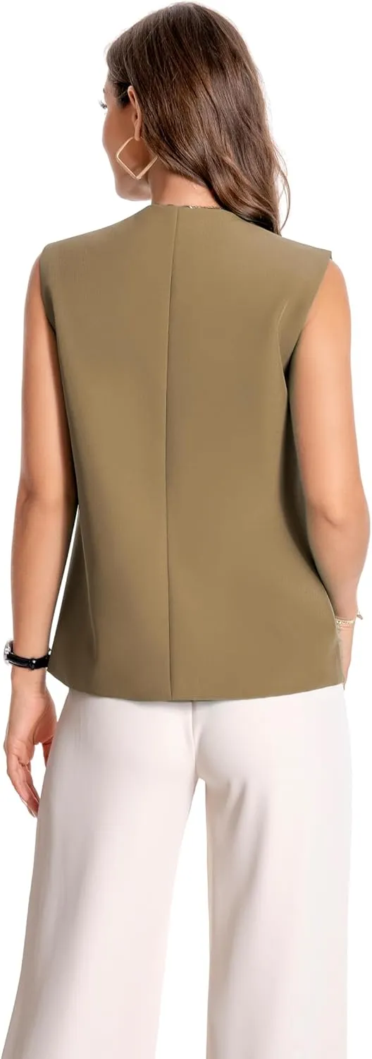 YYNUDA Women's Vest One Front Solid V Neck Casual Lightweight Sleeveless Blazer Waistcoat with Pockets