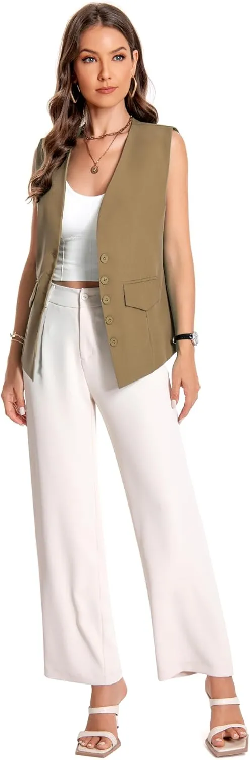 YYNUDA Women's Vest One Front Solid V Neck Casual Lightweight Sleeveless Blazer Waistcoat with Pockets