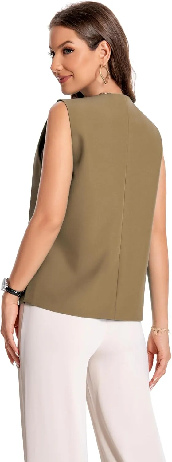 YYNUDA Women's Vest One Front Solid V Neck Casual Lightweight Sleeveless Blazer Waistcoat with Pockets