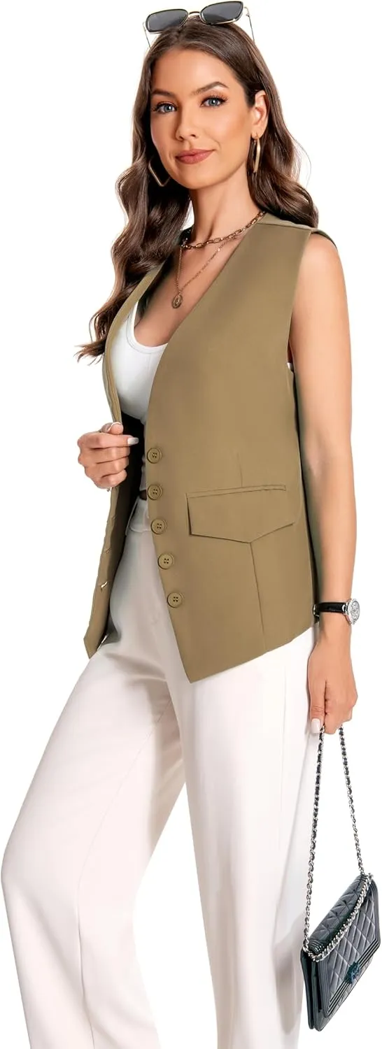 YYNUDA Women's Vest One Front Solid V Neck Casual Lightweight Sleeveless Blazer Waistcoat with Pockets