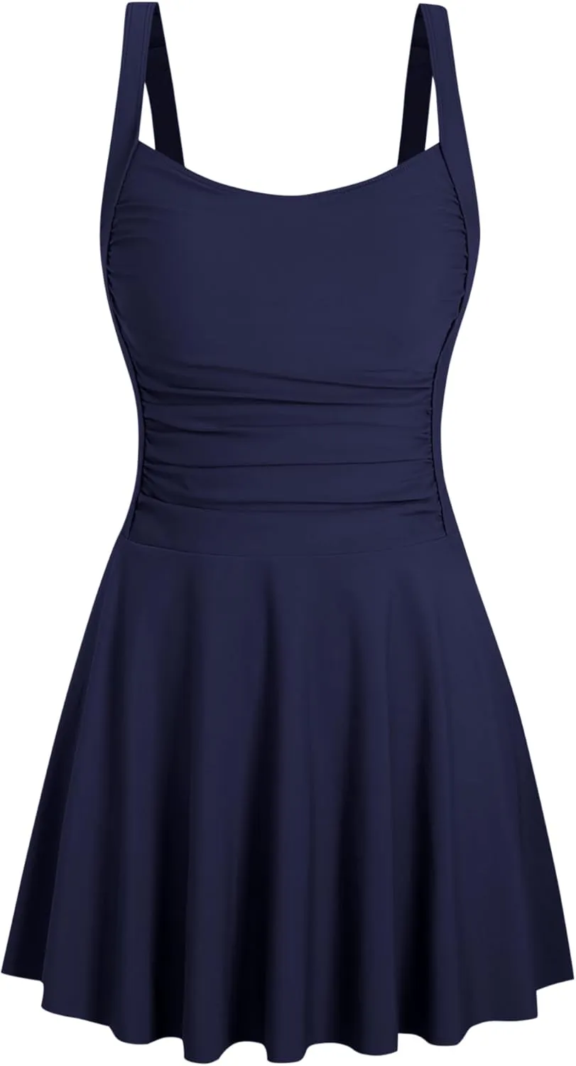 ZAFUL Swim Dress for Women Square Neck Tummy Control Ruched Swimsuit with Skirt Two Piece Bathing Suit with Brief