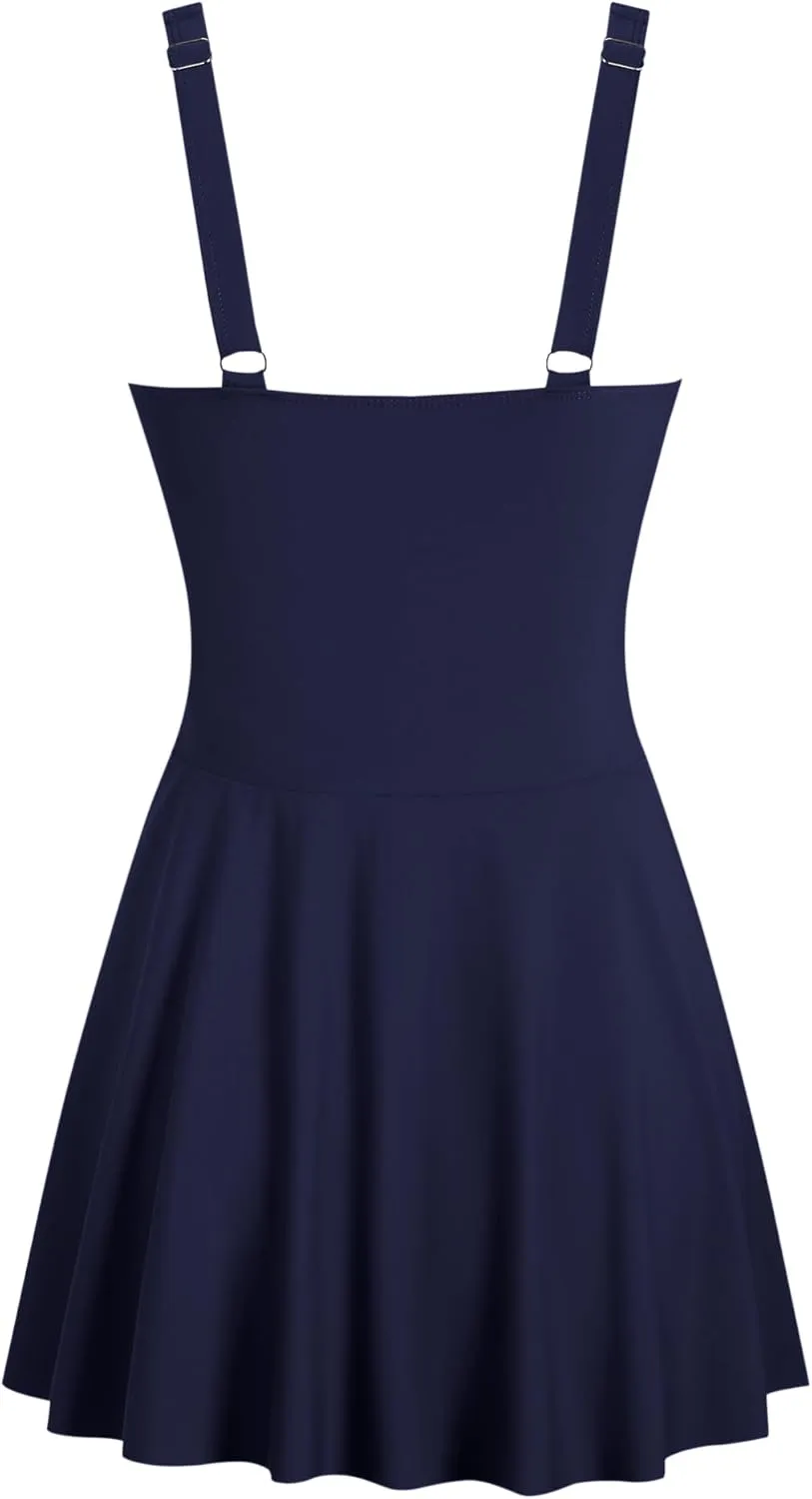 ZAFUL Swim Dress for Women Square Neck Tummy Control Ruched Swimsuit with Skirt Two Piece Bathing Suit with Brief